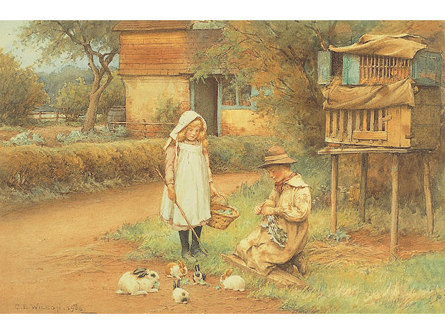 Charles Edward Wilson (1854-1941) British Feeding the rabbitssigned and dated 'C.E. Wilson 1908', watercolour heightened with touches of white, 19.5 x 29cm (7&#190; x 11&#189;in).  See illustration
