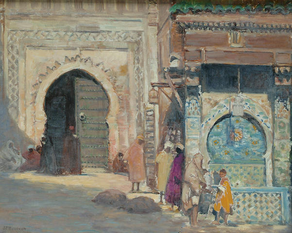 Joseph F&#233;lix Bouchor (French 1853-1937) 'La Place Nejjarine, Fez, Maroc', 15 x 18 1/2 in. (38 x 47 cm.)