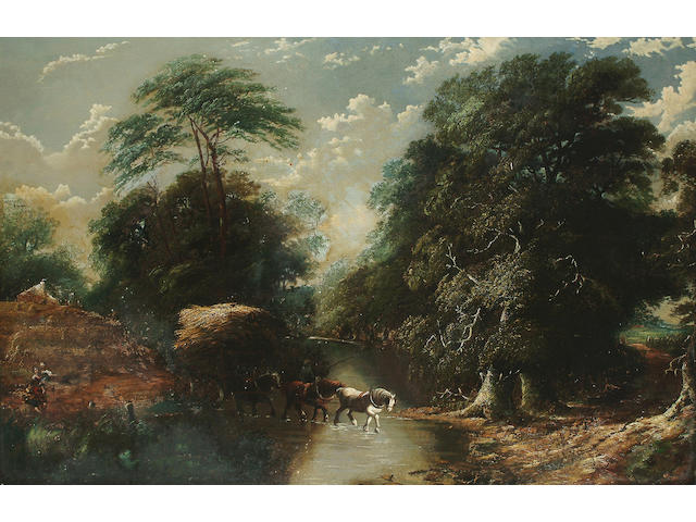 Circle of George Cole A hay cart fording a river, 84 x 129 cm.