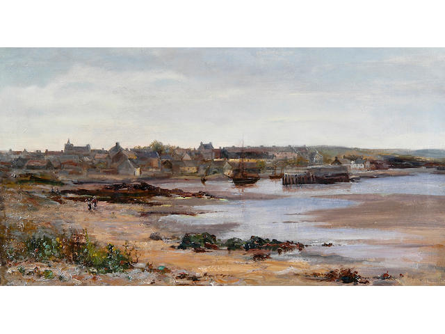 English School (c.1910) Fishing village and harbour at low tide 32 x 59cm (12&#189; x 23&#188;in).