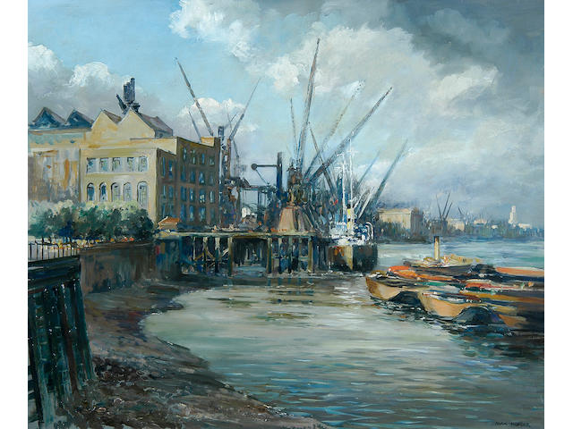 Max Hofler (1892-1963) Cranes at Shadwell 49 x 56cm (19&#188; x 22in).