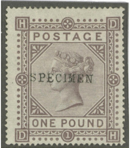 1867-78 wmk. Maltese Cross: &#163;1 brown-lilac DH, optd. "SPECIMEN" type 9, fine and fresh, deep colour. S.G. Spec. &#163;4000.