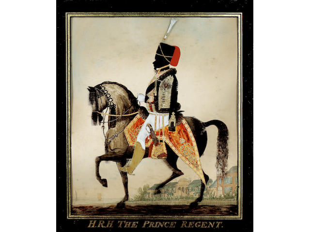 Charles Rosenberg, A silhouette of George IV (1762-1830), when Prince Regent (1811-20), profile to the left, wearing the uniform of the 10th Light Dragoons (Hussars), scarlet jacket with gold frogging, fur-trimmed pelisse with gold frogging, white breeches, brown boots, sash and breast star of the Order of the Garter, busby with red bag and white plume, red sabretache embroidered with royal insignia and light cavalry sabre at his side, he sits astride his horse on leopard skin saddlecloth and red shabraque embroidered with royal insignia, a seafront of houses and boats in the background