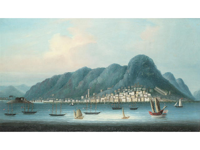 Anglo-Chinese School, 19th. Century A view of Hong Kong 45.7 x 78.8cm. (18 x 31in.) in an original h