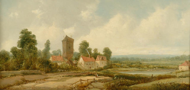 Alfred H Vickers (fl.1853-1907) 'A rural landscape with figures and a village' 20 x 40cm