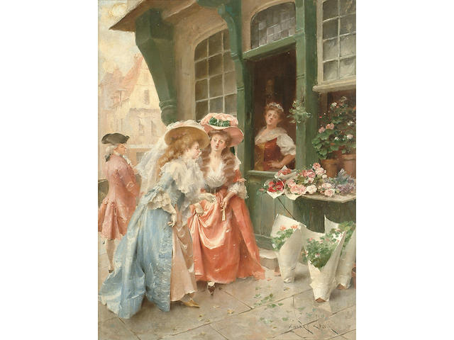Henri Victor Lesur (French, 1863-1900) The Flower seller, 15 1/2 x 12 1/8in.  (39.6 x 31 cm.)
