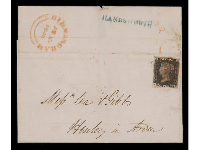 1840 1d. Plate IV: NK, good to large margins all round, used on 1840 (July 5th.) E. to Henly in Arden, cancelled by red Cross and blue boxed &#147;PyP/No. 15&#148;  with matching &#147;HANDSWORTH&#148; straight line on reverse. S.G. &#163;3750.