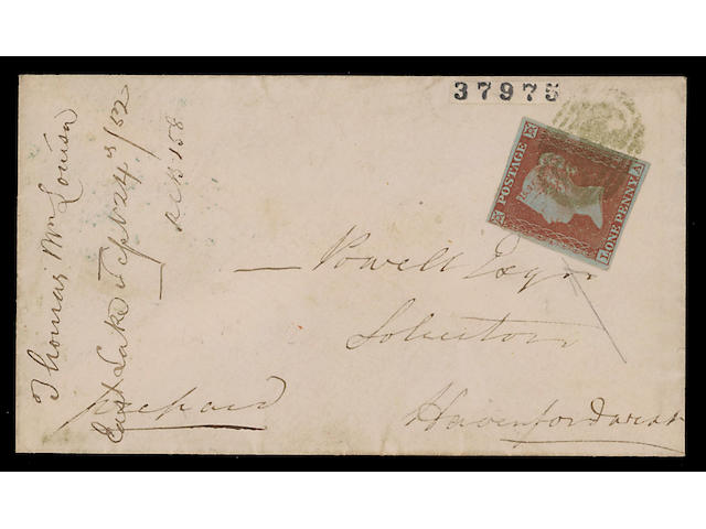 1841 1d.: LA, close to large margins all round, used on 1852 (Sept. 25th.) envelope to Haverfordwest, tied by greenish numeral of Narbeth. B.P.A. Certificate (1959).