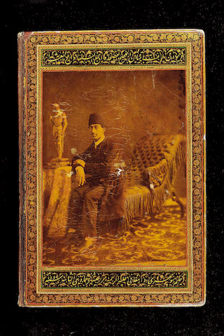Hakim Manuchehri Damghani, Divan, illuminated manuscript with lacquer binding incorporating photographs of Prince Dust Muhammad Khan, Mu'ayyir al-Mamalik Qajar Persia, dated AH 1294-95/AD 1877-78