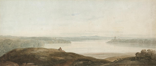 John Varley R.W.S. (British, 1778-1842) Looking out onto the lake 13.5 x 32 cm. (5 1/4 x 12 1/2 in.)