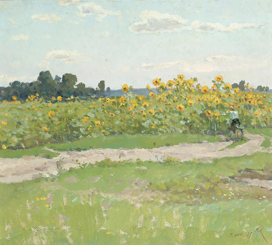 Victor Koshevoi (Russian, b.1924) Bicycle ride by the sunflower field 17 1/2 x 19 in. (45 x 50cm.)