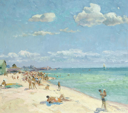 Victor Koshevoi (Russian, b.1924) On the Beach 17 1/2 x 19 1/2 in.(44.5 x 49.5cm.)