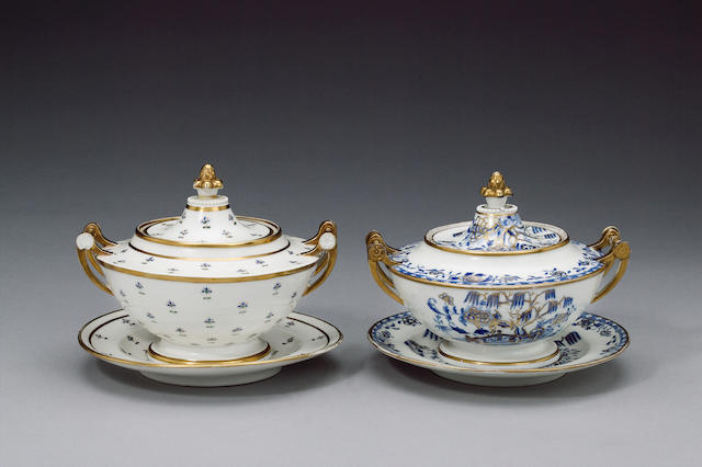 A pair of Swansea sauce tureens, covers and stands circa 1815-17