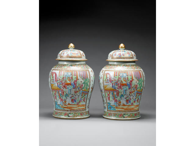 A fine and large pair of Canton famille rose jars and covers 19th Century
