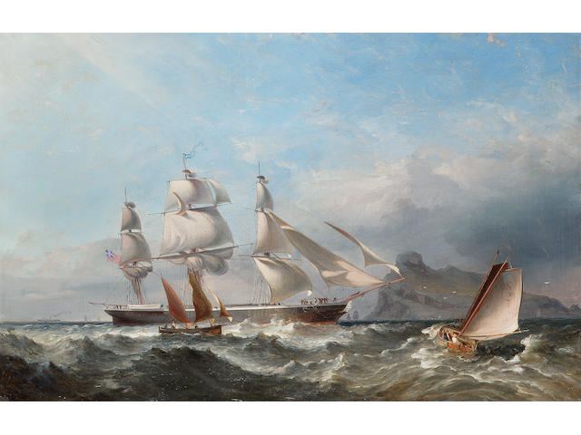 James Harris of Swansea (British, 1810-1887) A three-masted merchantman heaving-to for the pilot 76.2 x 50.8cm. (20 x 30in.)