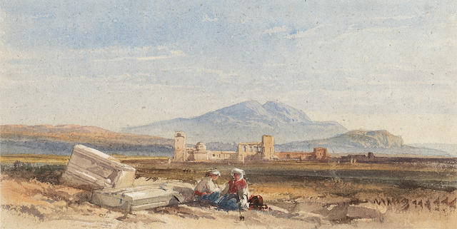 William Leighton Leitch, R.I. (British, 1804-1883) Two figures resting by classical ruins 11 x 22.5 cm. (4 1/4 x 9 in.)