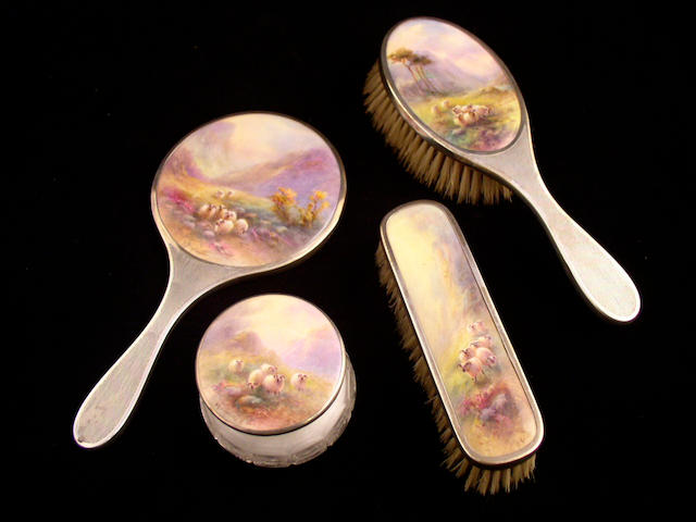 A Royal Worcester silver mounted dressing table set by Harry Stinton, circa 1928,