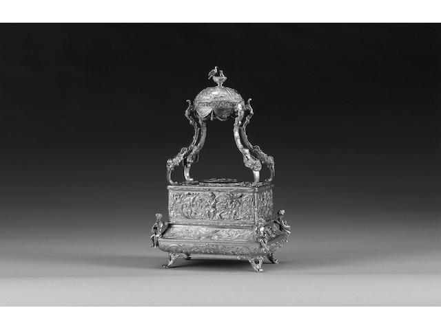 An unusual silver gilt singing bird box, bearing London import marks for London 1924,