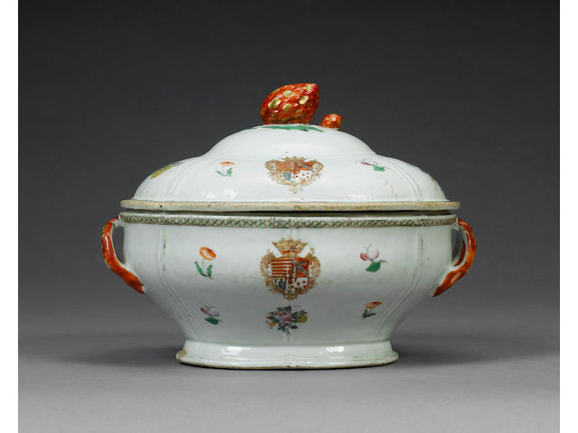 A fine famille rose armorial tureen and cover for the Portuguese market Circa 1775