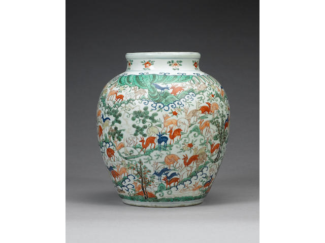 A wucai 'hundred deer' oviform jar, guan Wanli six-character mark and of the period
