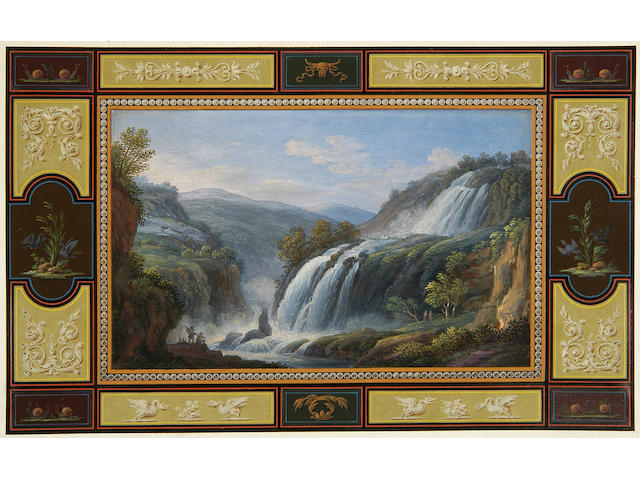 Tommaso Bigotti (Italian late 18th/early 19th Century) 'Cascatella di Tivoli' within decorative classical borders 13 x 21.5cm (5 x 8&#189;in), together with two small circular views of temple ruins by the same hand, unframed. (3)