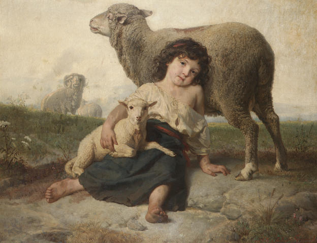 Julius Friedrich Anton Schrader (German 1815-1900) The young shepherdess 94.5 x 120 cm. (37 1/4 x 47 1/4 in.)