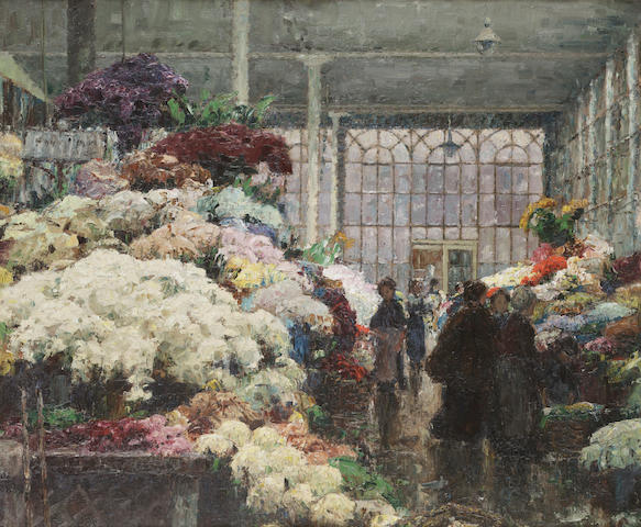 Otto Thiele (German b.1870) The flower market, Berlin 61 x 71 cm. (24 x 28 in.)