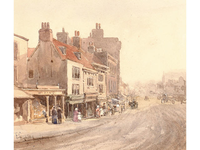 Fred Cook (British, fl.1878-1891), 'Hampstead High Street' and 'The Spaniards public house', 11.5 x 17.2 cm. (2)