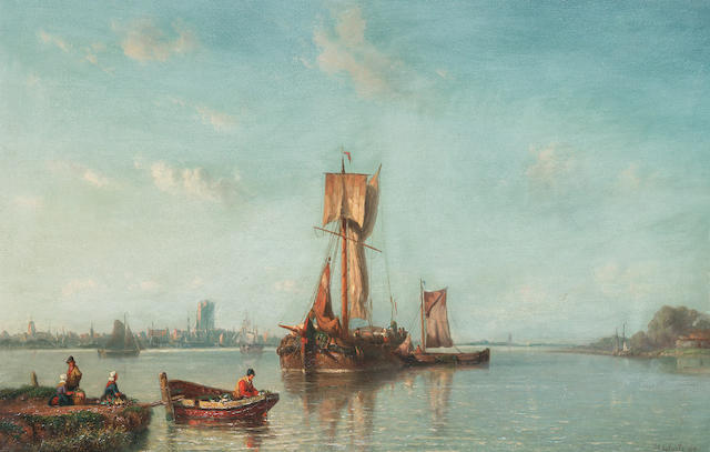 Jan Frederik Sch&#252;tz (Dutch 1817-1888) Shipping in an estuary 31.5 x 47.5 cm. (12 1/2 x 18 3/4 in.)