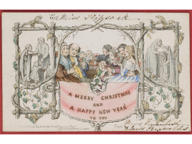 Christmas Card One of the first Christmas cards, in a frame, dating from 1843 and showing a family eating Christmas dinner.   The card was commissioned by Sir Henry Cole who had the card designed by J.C. Horsley a well known artist who also painted portraits of Prince Albert and Queen Victoria. He was an active public figure who had been a Captain in the Dragoon Guards, was involved in the introduction of the penny post, helped organise the Great Exhibition in 1851 and was a founder of the Victoria & Albert Museum.   1,000 cards were printed and they were sold at one shilling each (5p), but only around 20 are thought to have survived, very few of which are in private hands, the majority being in museums or public archives.   This card is addressed to a Miss Tripsack who was a close friend of the family of poetess Elizabeth Moulton Barrett who, in 1846, married Robert Browning. There is also some supporting correspondence, ephemera and newspaper cuttings concerning the card, VG.