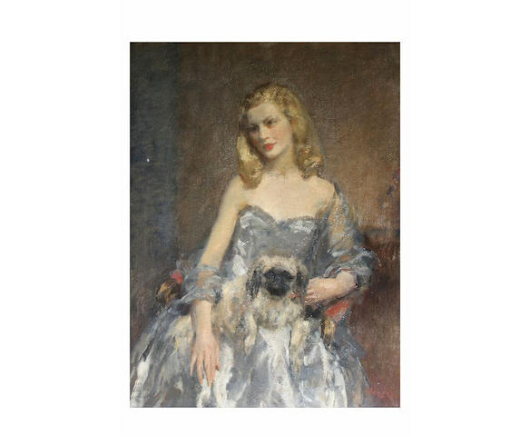 Walter Ernest Webster (1878 - 1959) Portrait of an elegant lady, seated with a pekinese on her lap, wearing an evening gown, 96.5 x 71cm.