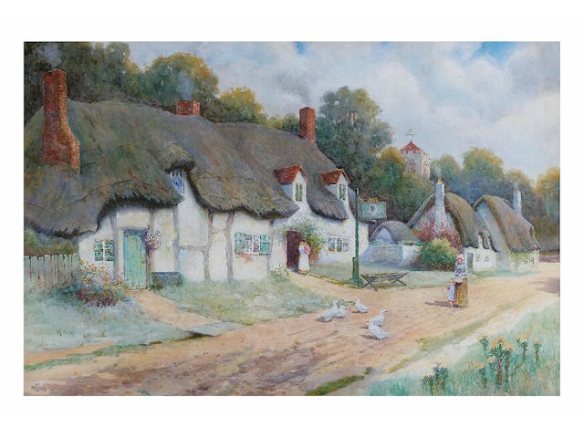 George H. Hughes Country lane with cottages, figures and geese, 49 x 74cm.