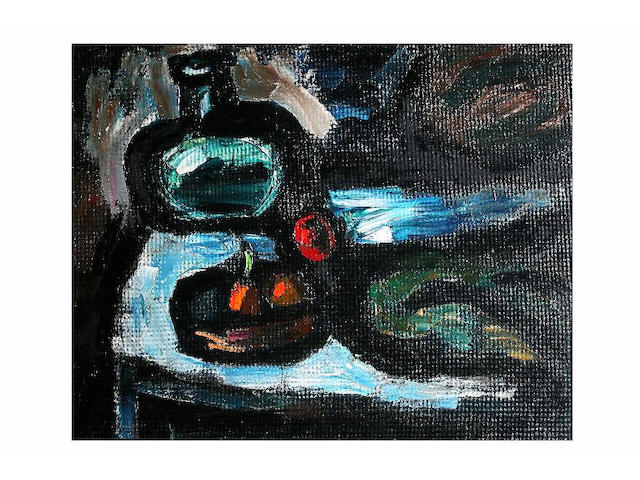Theodore Major (1908 - 1999) Still life of bottle and fruit, 74 x 92cm.