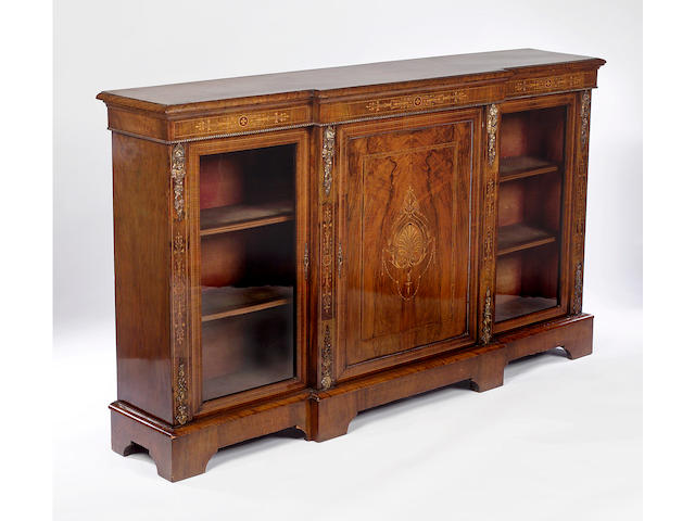 A Victorian walnut and marquetry inlaid breakfront Side Cabinet,