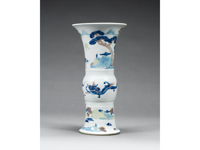 A fine three-colour moulded flaring beaker vase, gu Xuande six-character mark, Kangxi period