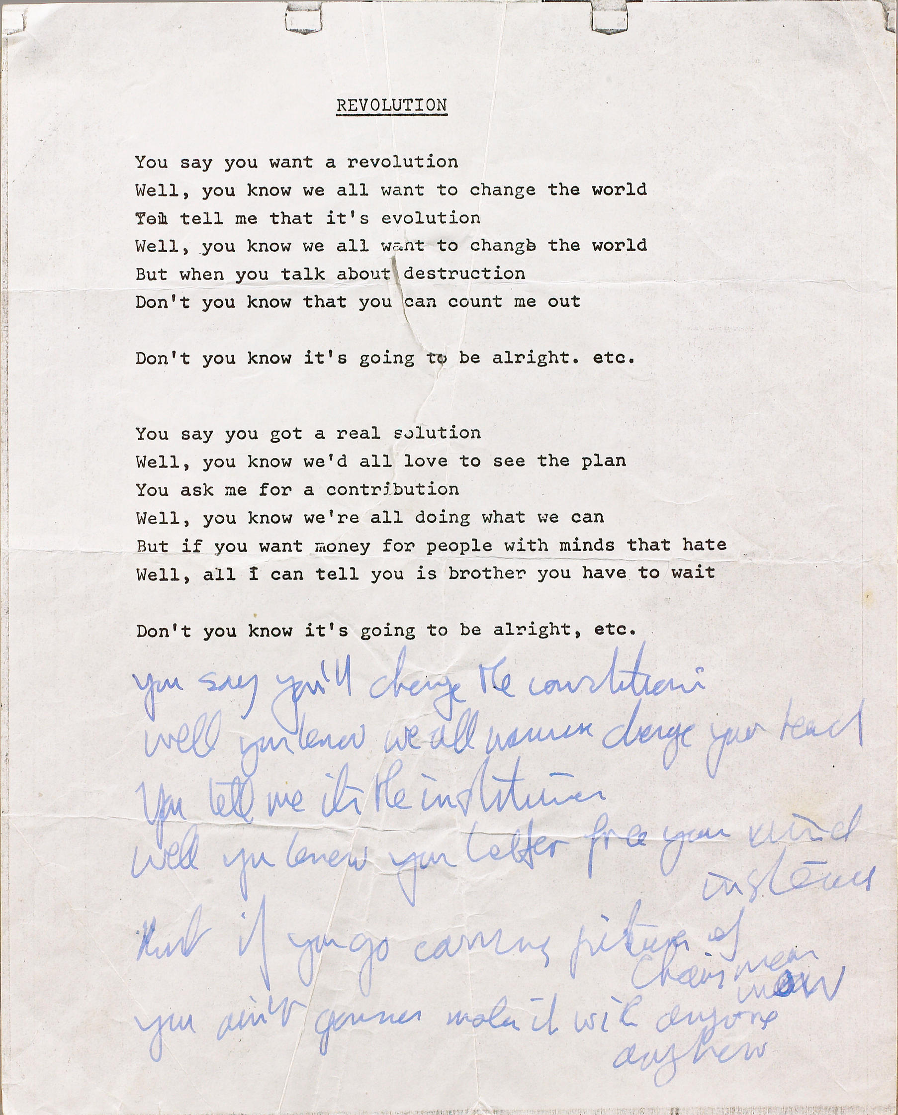 John Lennon's lyrics for 'Revolution',