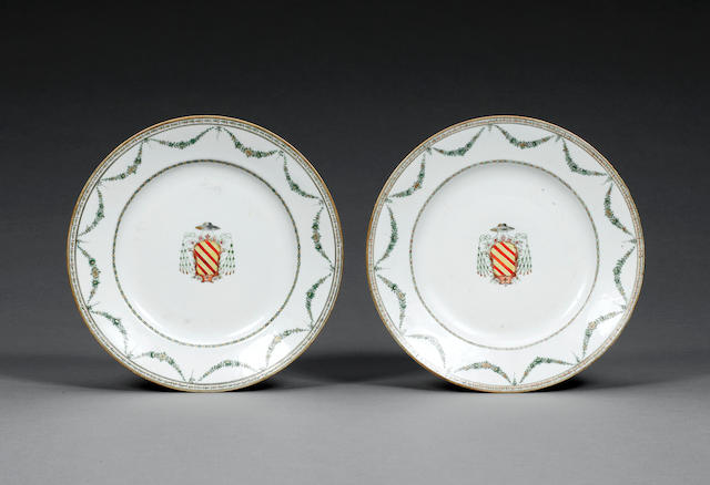 A pair of famille rose armorial plates for the Portuguese market Circa 1770