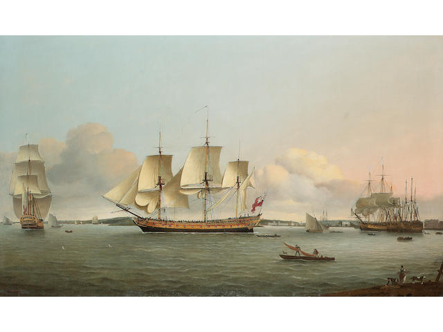 Thomas Luny (British, 1759-1837) The East Indiaman &#147;King George&#148; in two positions on the Thames passing Greenwich, the Royal Naval Hospital buildings on the far bank 72.4 x 120.4cm. (28 1/2 x 47 3/8in.)