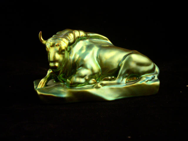 A Zsolnay Eosin lustre figure of a bison, probably post-war,