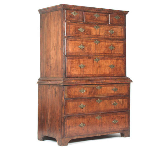 A George I walnut and featherbanded chest on chest