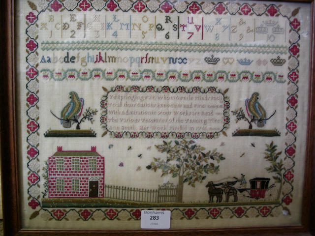 A George III sampler finely worked in colourful silk threads,