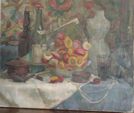 Frederick Brill (1920-1984) A still life with flowers, bottles, and a dressmaker's dummy 50 x 61cm.