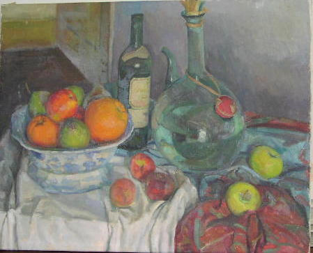 Frederick Brill (1920-1984) A still life with a bowl of fruit and a bottle on a cloth draped table 61 x 76cm.