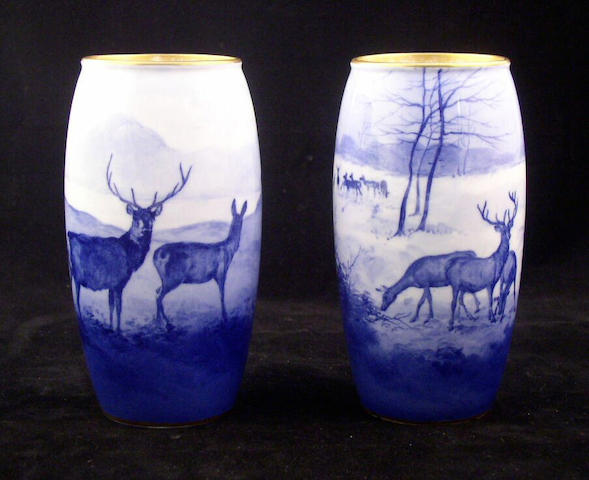 Burslem Items A pair of Royal Doulton blue painted vases, dated 1915,