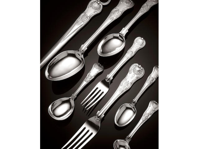 A canteen of Victorian silver flatware, various dates and makers, the majority by William Chawner or Mary Chawner, 1818-1840,