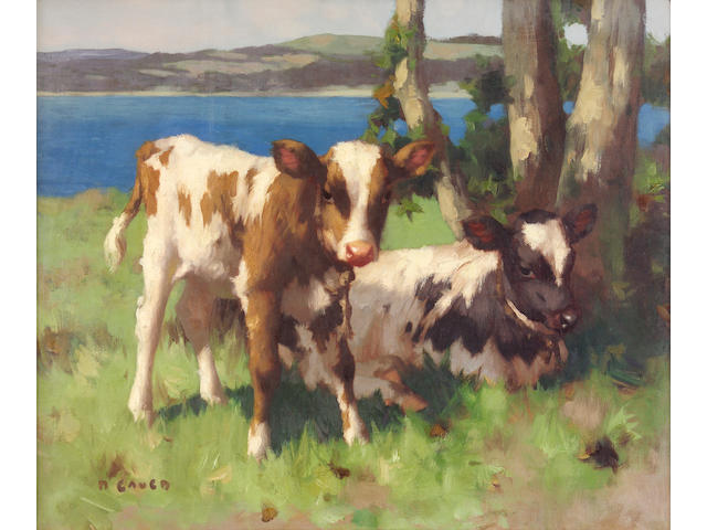 David Gauld RSA (1865-1936) Two calves on the coast 50 x 60cm