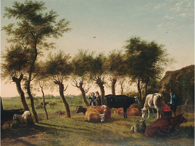 Attributed to Jan Kobell II Figures with cattle and sheep in a landscape, 38.7 x 51 cm (15 1/4 x 20 1/8 in)