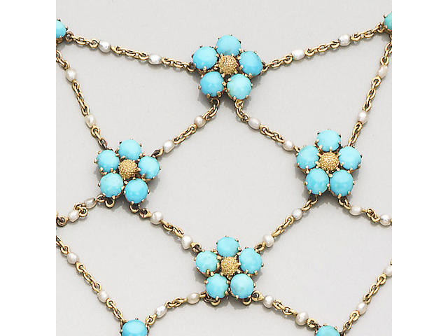 A late-Victorian turquoise and seed pearl-set necklace (3)