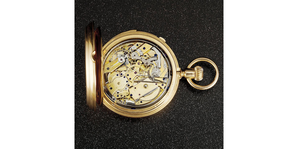 Patek Philippe. A third quarter of the 19th century 18ct gold hunter cased minute repeating keyless lever chronograph Patek Philippe & Co, Geneve, No. 4736, Made in 1872 sold August 25th 1874