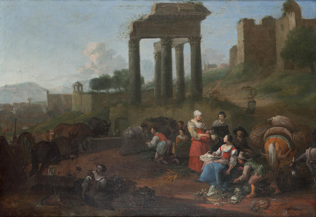 Hendrick Mommers (Haarlem circa 1623-1693 Amsterdam) An Italianate landscape with a vegetable seller 64 x 91 cm. (24 &#190; x 35 &#190; in.)